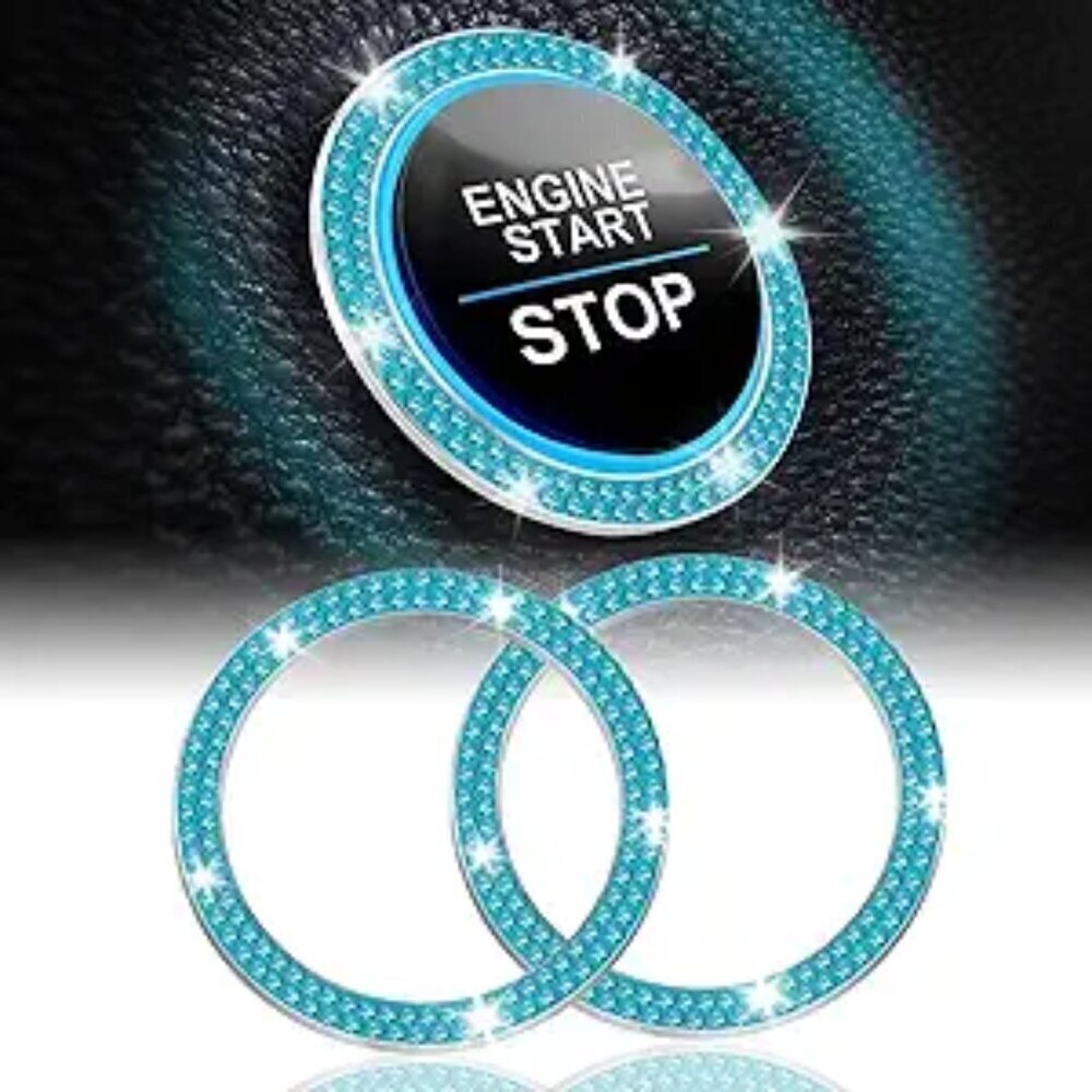 Car Start Button Bling Rhinestone Diamond Engine Button Ring 2-Pack Double Cyan - Picture 7 of 7